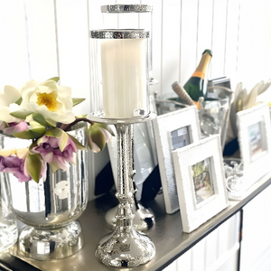 Silver Trim Glass Top Pillar Hammered Candlestick- 48cmH