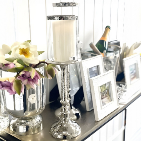 Silver Trim Glass Top Pillar Hammered Candlestick- 48cmH