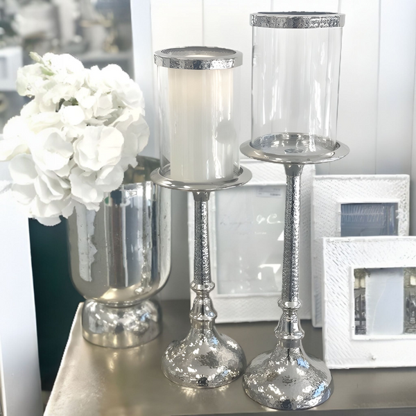 Silver Trim Glass Top Pillar Hammered Candlestick- 48cmH