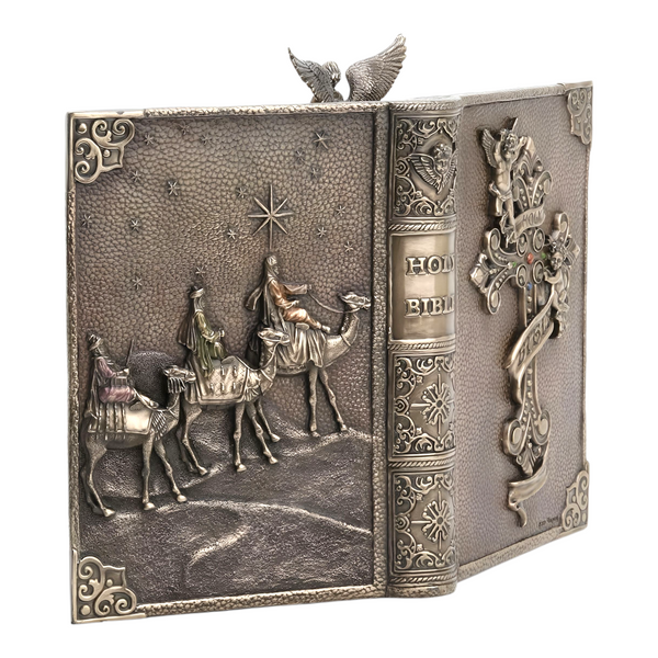 Verosene Bronze Christmas Nativity Scene Religious Open Bible Resin Statue Figurine