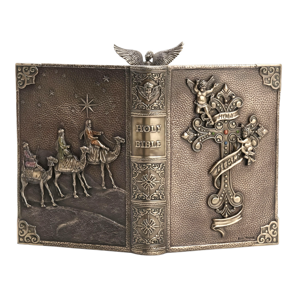 Verosene Bronze Christmas Nativity Scene Religious Open Bible Resin Statue Figurine