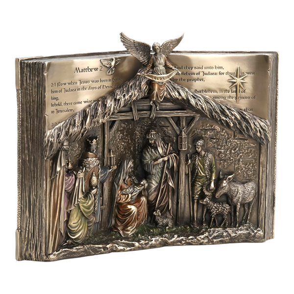 Verosene Bronze Christmas Nativity Scene Religious Open Bible Resin Statue Figurine