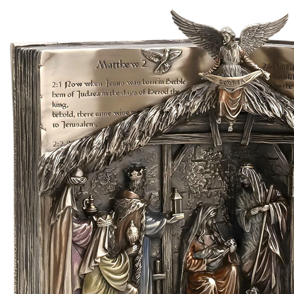 Verosene Bronze Christmas Nativity Scene Religious Open Bible Resin Statue Figurine
