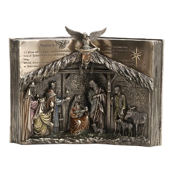 Verosene Bronze Christmas Nativity Scene Religious Open Bible Resin Statue Figurine