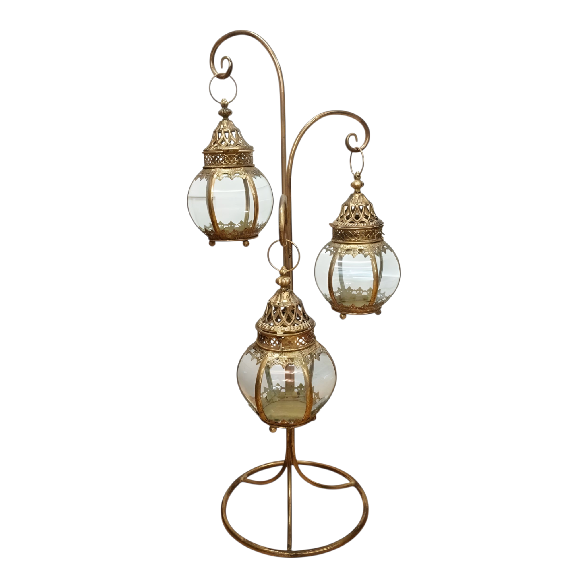 Set 3 Hanging Antique Gold Metal Candle Holder Lanterns On Stand