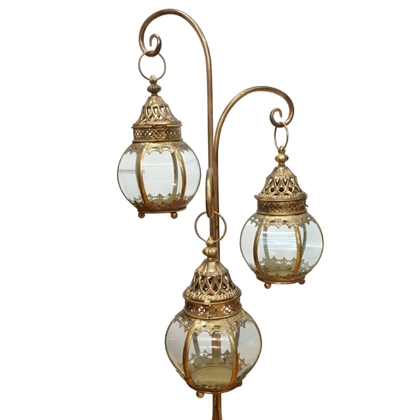 Set 3 Hanging Antique Gold Metal Candle Holder Lanterns On Stand