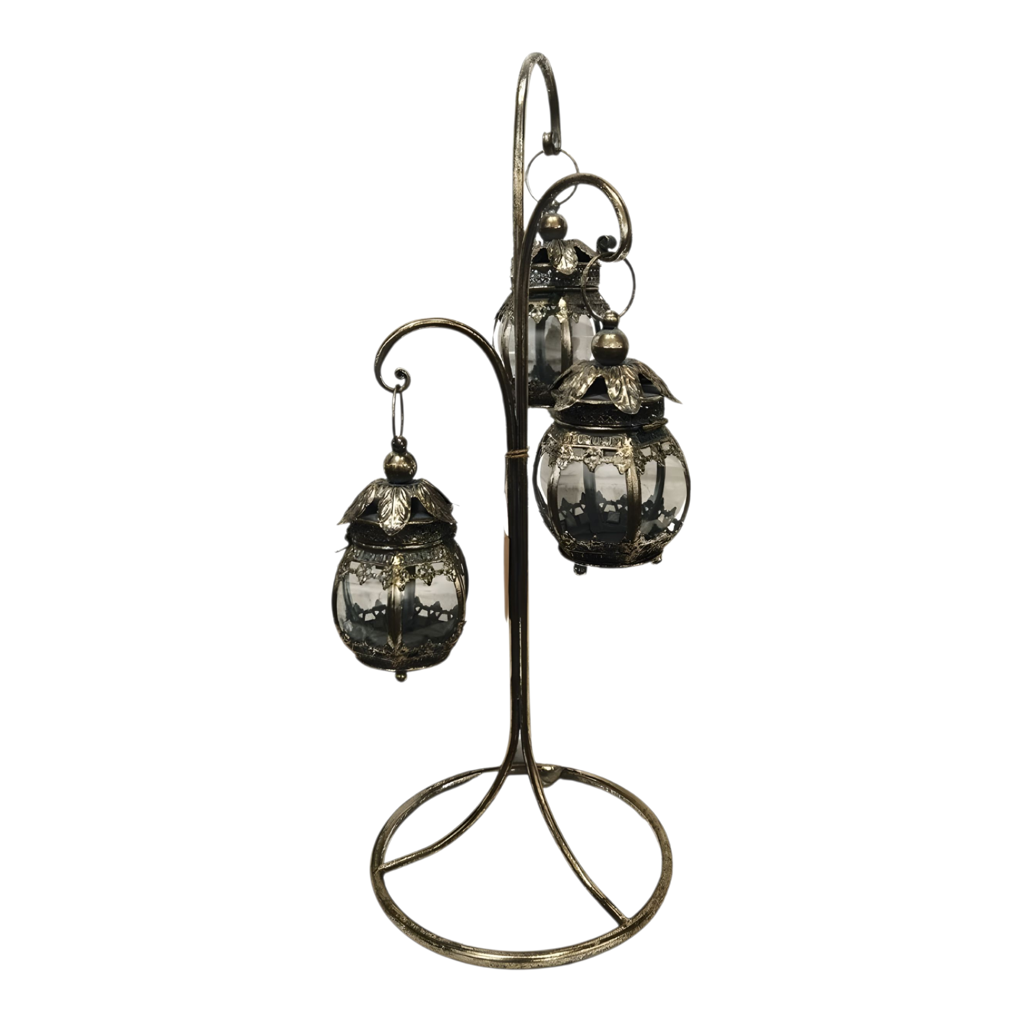 Set 3 Hanging Antique Silver Metal Candle Holder Lanterns On Stand