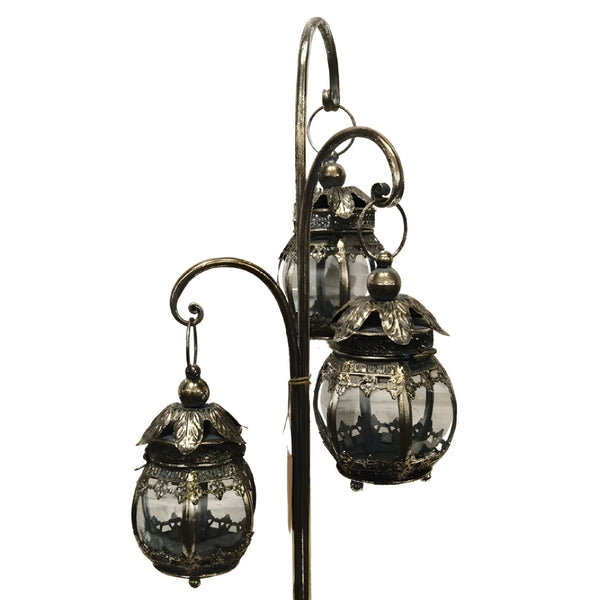 Set 3 Hanging Antique Silver Metal Candle Holder Lanterns On Stand