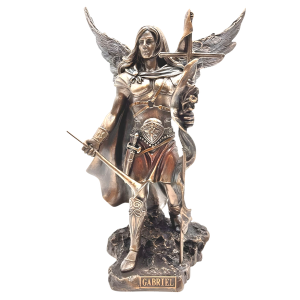 Veronese Bronze Archangel Gabriel Holding Cross Staff & Trumpet Mythology Resin Statue Figurine