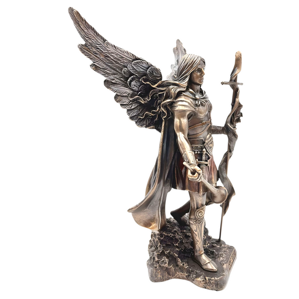 Veronese Bronze Archangel Gabriel Holding Cross Staff & Trumpet Mythology Resin Statue Figurine