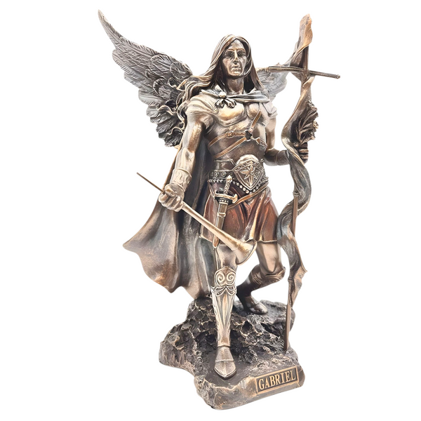 Veronese Bronze Archangel Gabriel Holding Cross Staff & Trumpet Mythology Resin Statue Figurine