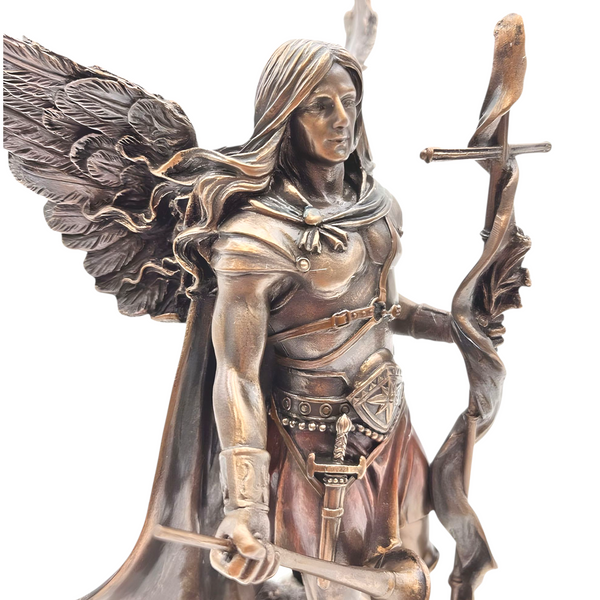 Veronese Bronze Archangel Gabriel Holding Cross Staff & Trumpet Mythology Resin Statue Figurine
