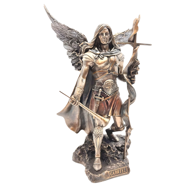 Veronese Bronze Archangel Gabriel Holding Cross Staff & Trumpet Mythology Resin Statue Figurine