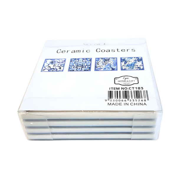 Set 4 Square Blue & White Ceramic Coasters In Box- Flowers