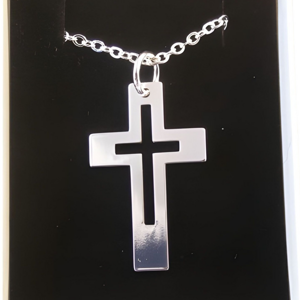 Silver Plated Open Cross Pendant & Necklace Chain In Box