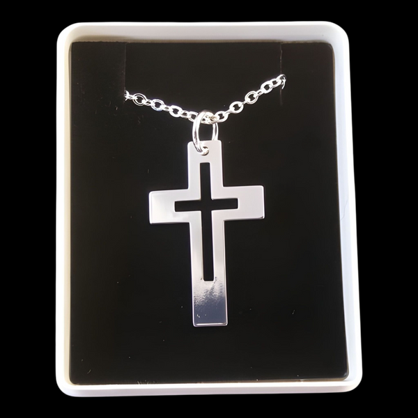Silver Plated Open Cross Pendant & Necklace Chain In Box
