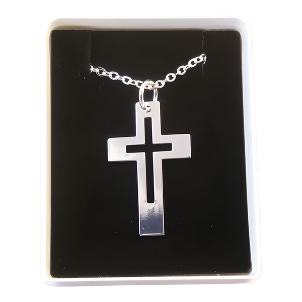 Silver Plated Open Cross Pendant & Necklace Chain In Box