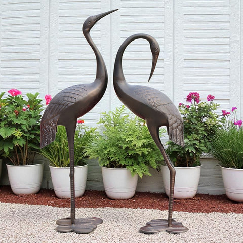 Set of 2 Assorted Antique Bronze Niles & Frasier Crane Couple Garden Statues
