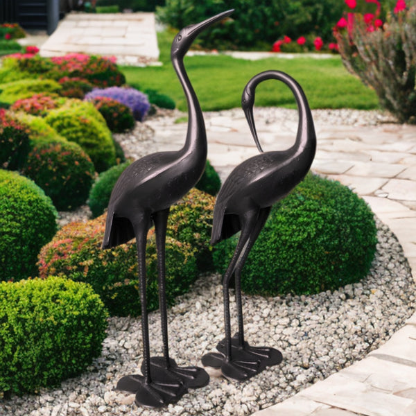 Set of 2 Assorted Antique Bronze Niles & Frasier Crane Couple Garden Statues