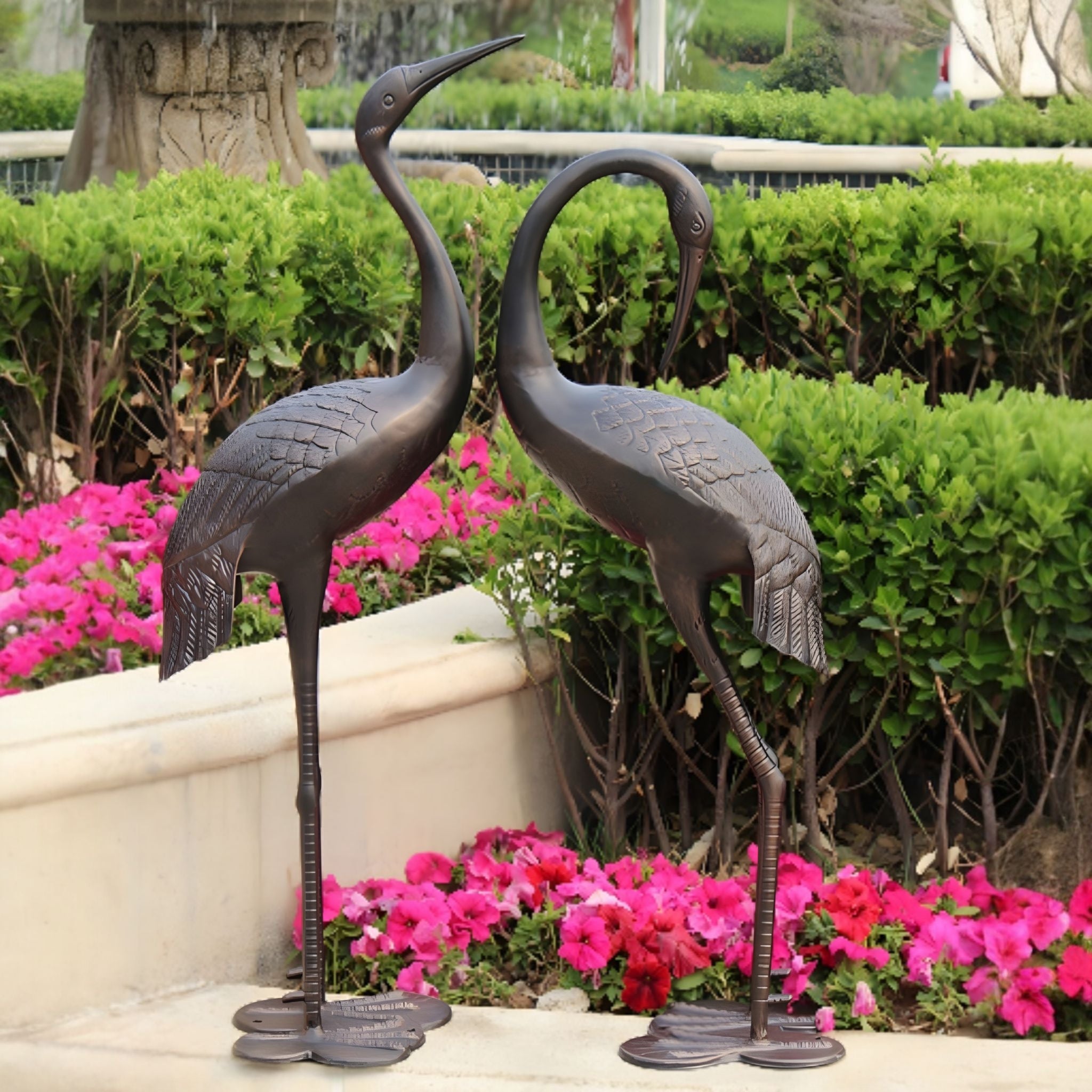 Set of 2 Assorted Antique Bronze Niles & Frasier Crane Couple Garden Statues