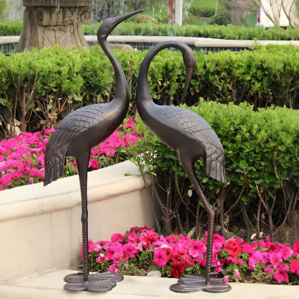 Set of 2 Assorted Antique Bronze Niles & Frasier Crane Couple Garden Statues