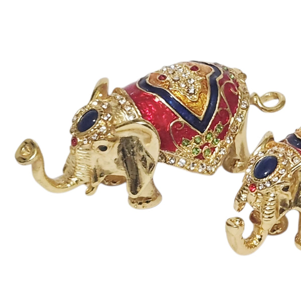 Set 3 Gold & Red Family of Elephants Jewelled Enamel Trinket Box Figurines