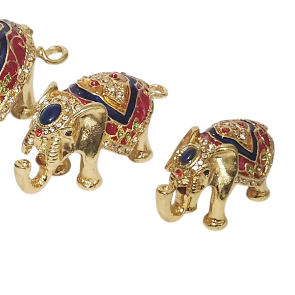 Set 3 Gold & Red Family of Elephants Jewelled Enamel Trinket Box Figurines