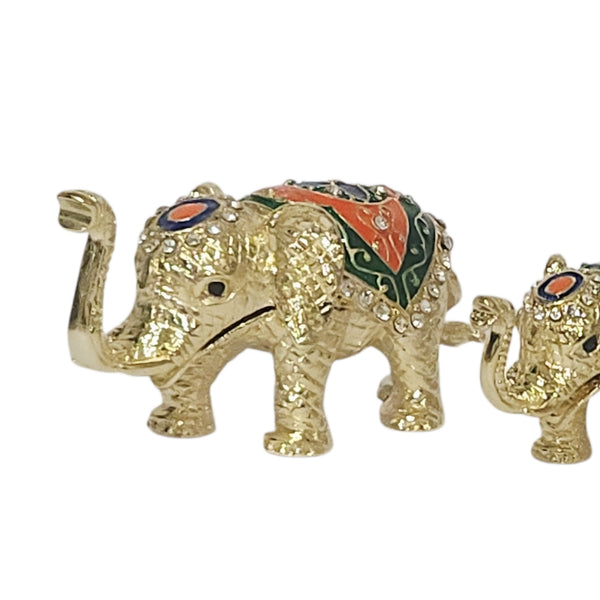 Set 3 Gold & Green Family of Elephants Jewelled Enamel Trinket Box Figurines Set