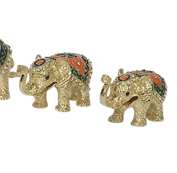Set 3 Gold & Green Family of Elephants Jewelled Enamel Trinket Box Figurines Set