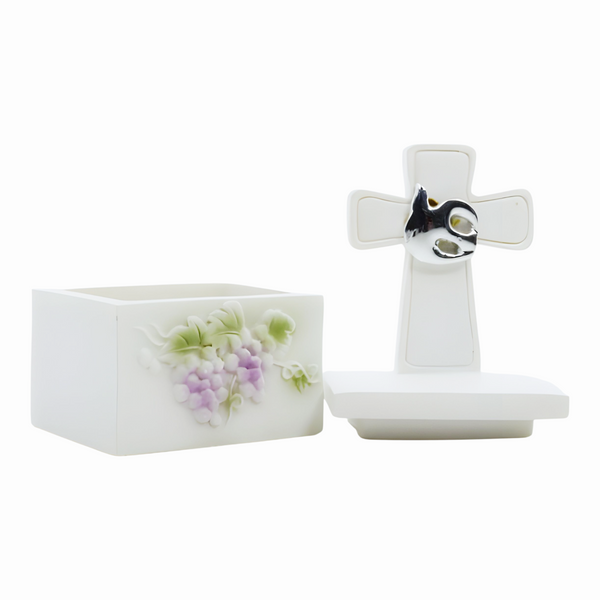 White Holy Communion Rosary Trinket Box with Cross & Dove