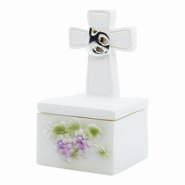 White Holy Communion Rosary Trinket Box with Cross & Dove