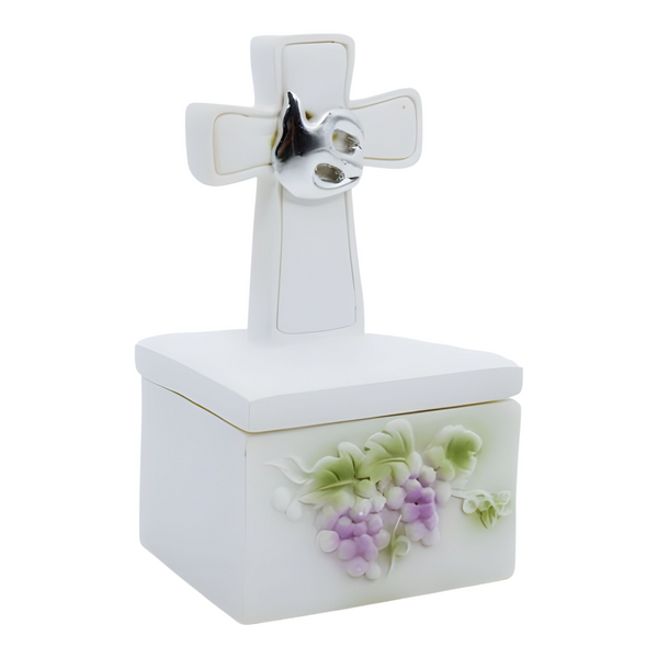 White Holy Communion Rosary Trinket Box with Cross & Dove