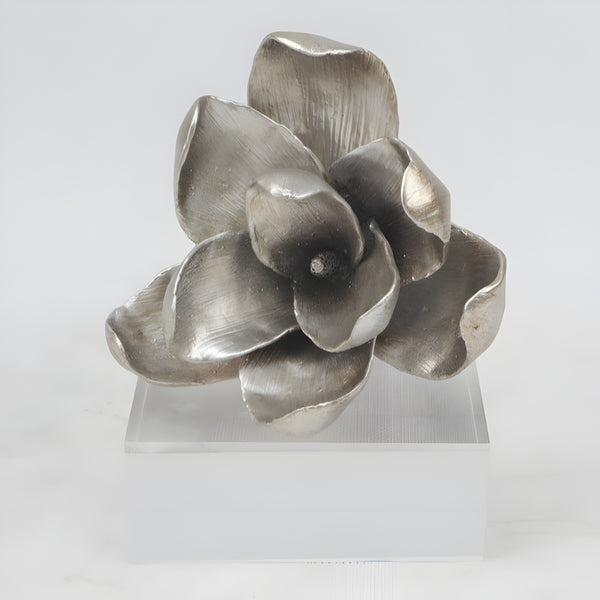 Silver Magnolia Resin Flower On Acrylic Base Decorative Tabletop Ornament
