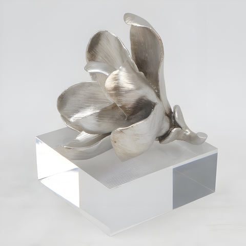 Silver Magnolia Resin Flower On Acrylic Base Decorative Tabletop Ornament