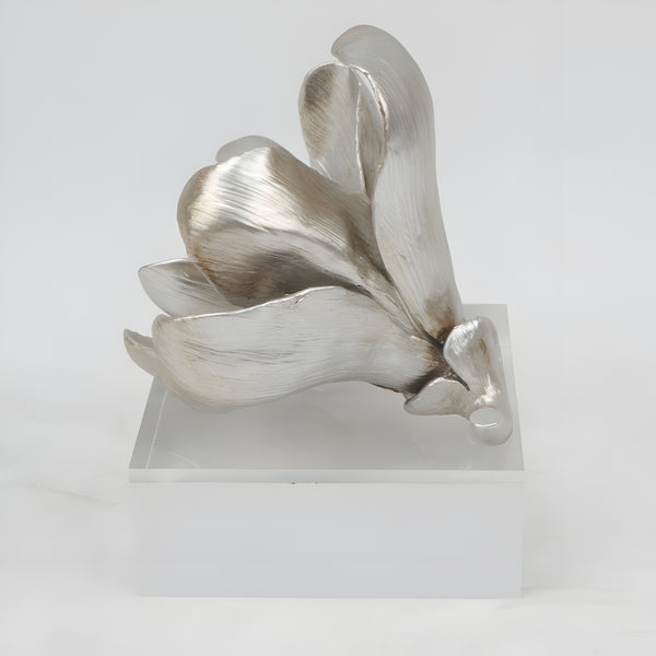 Silver Magnolia Resin Flower On Acrylic Base Decorative Tabletop Ornament