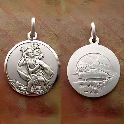 Antique Finish Sterling Silver Saint Christopher Medal Pendant