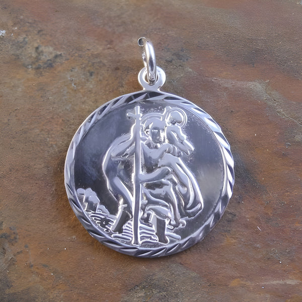Shiny Diamond Cut Sterling Silver Saint Christopher Medal Pendant
