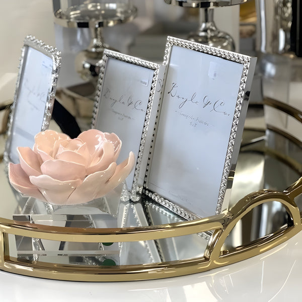 Large Gold Round Decorative Deluxe Mirror Tray with Arch Handles