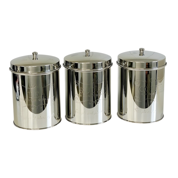 Set 3 Silver Plated Premium Round Metal Kitchen Canisters- Coffee Tea Sugar