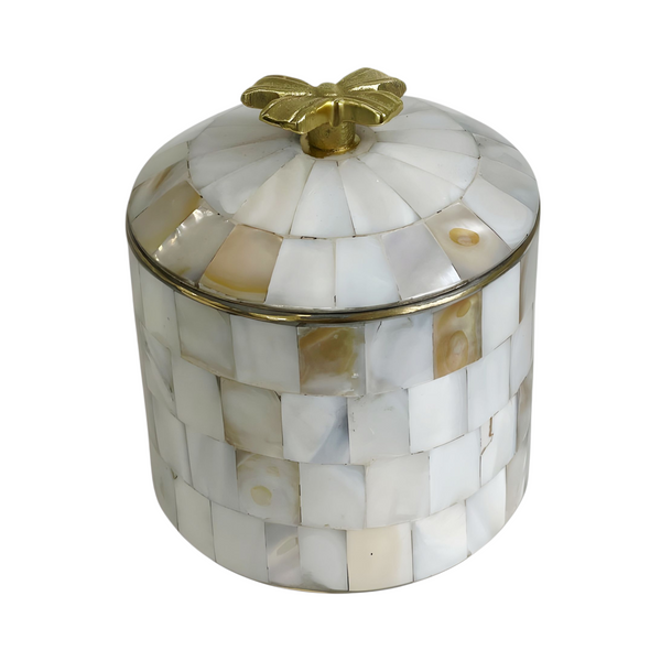 Mother of Pearl Round Decorative Tabletop Box & Gold Bow