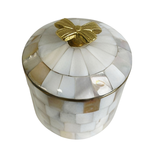 Mother of Pearl Round Decorative Tabletop Box & Gold Bow