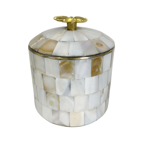 Mother of Pearl Round Decorative Tabletop Box & Gold Bow