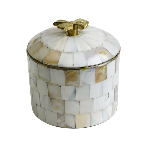 Mother of Pearl Round Decorative Tabletop Box & Gold Bow