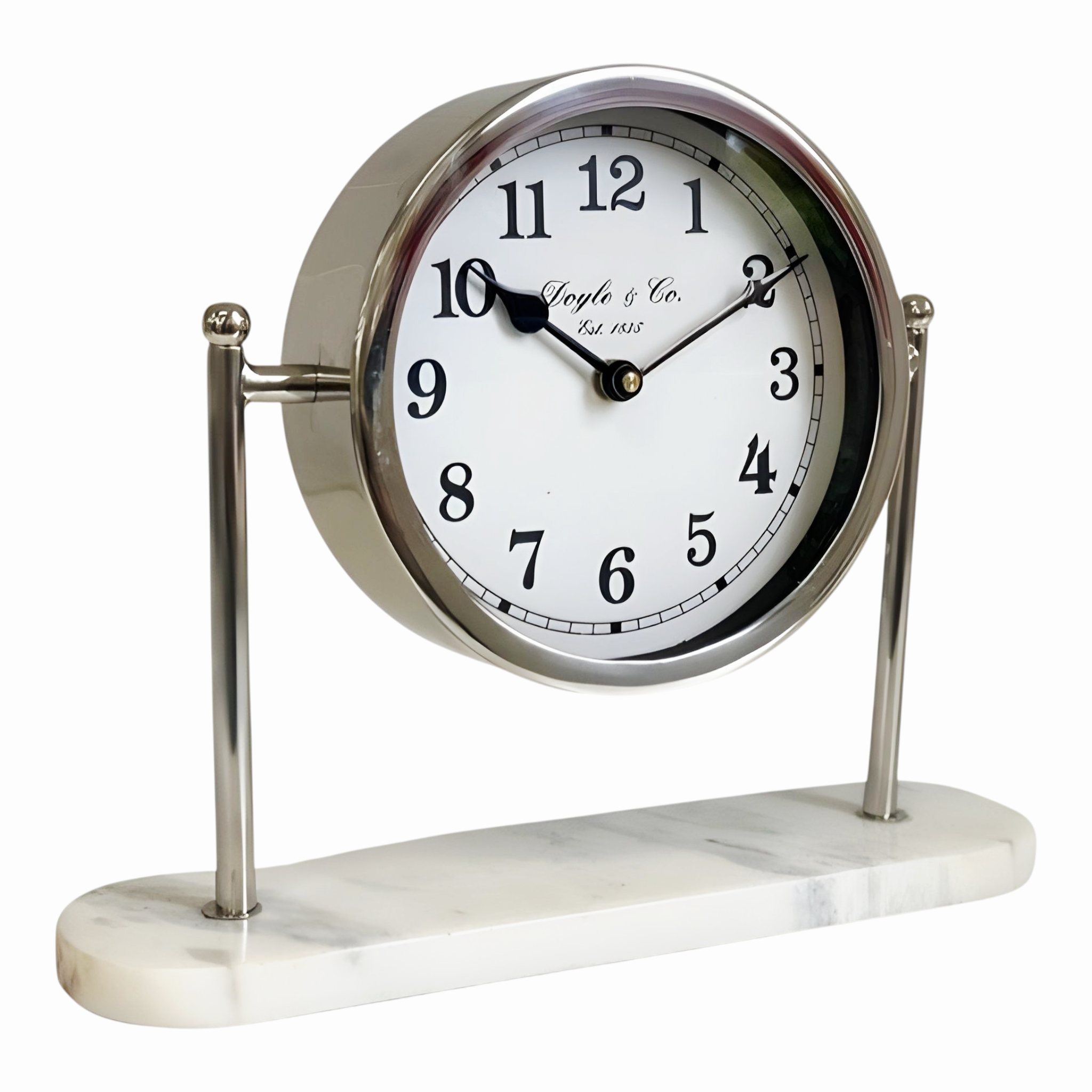 Silver Plated Round Mantel Clock On White Marble Base