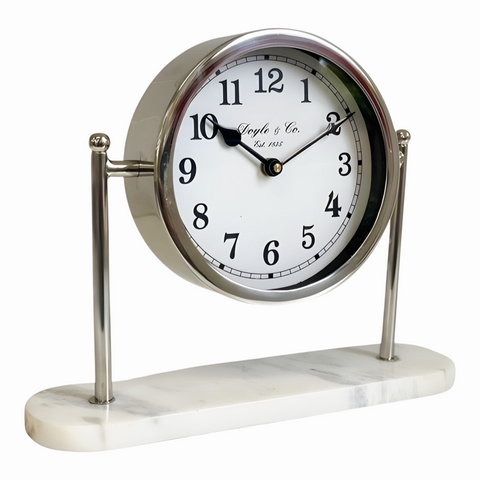Silver Plated Round Mantel Clock On White Marble Base