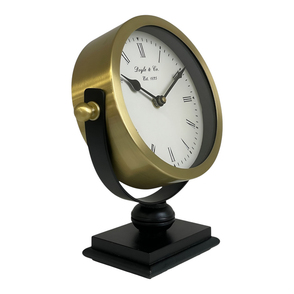 Gold Plated Round Mantel Clock On Black Stand