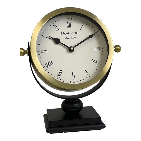 Gold Plated Round Mantel Clock On Black Stand