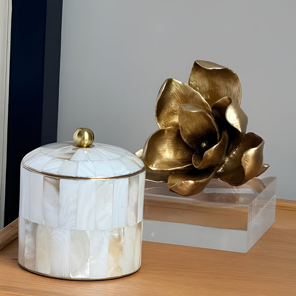 Gold Magnolia Resin Flower On Acrylic Base Decorative Tabletop Ornament