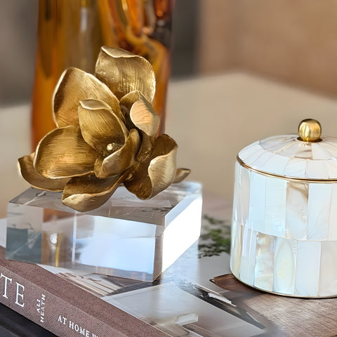 Gold Magnolia Resin Flower On Acrylic Base Decorative Tabletop Ornament