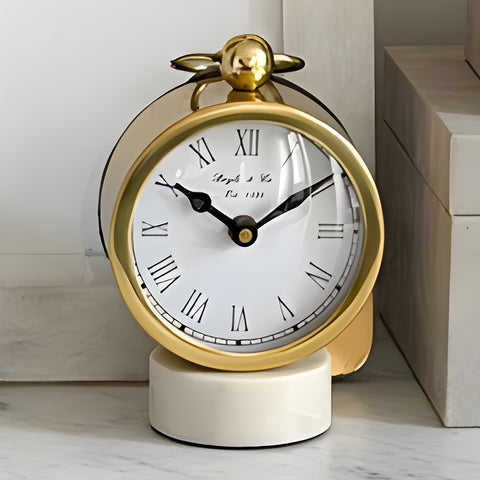 Gold Plated Round Mantel Clock On White Marble Base